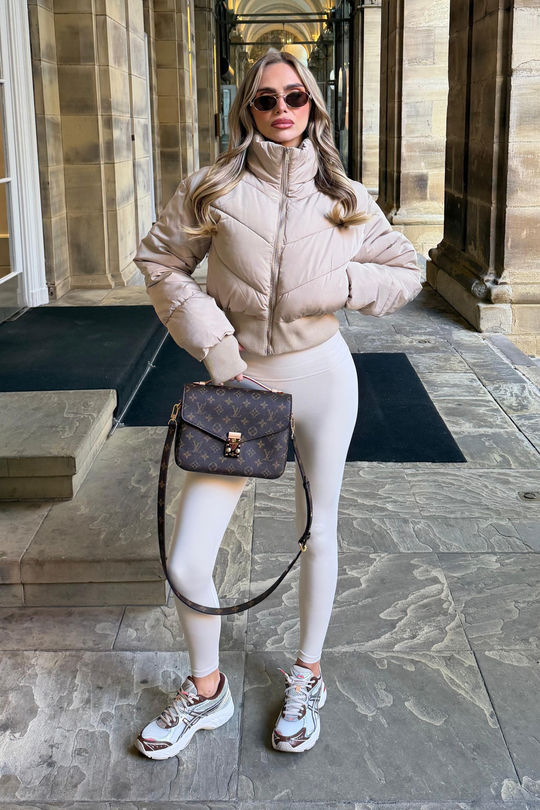 GRACE BEIGE FITTED ZIP UP CROPPED PUFFER JACKET