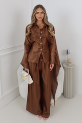 ROSALINA CHOCOLATE CAPE TOP AND MATCHING DRAWSTRING TROUSERS CO ORD TWO PIECE SET
