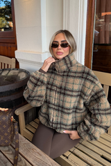 SIMONE BEIGE TARTAN CHECK 3/4 ZIP FLEECE