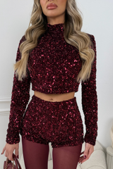 SYDNEY BURGUNDY SEQUIN HIGH NECK TOP