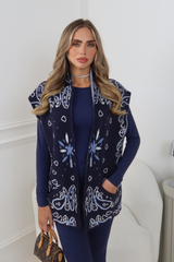 STEVIE NAVY PAISLEY KNIT SLEEVELESS GILET CARDIGAN