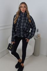 NANCIE NAVY CHECK HIGH COLLAR ZIP UP JACKET