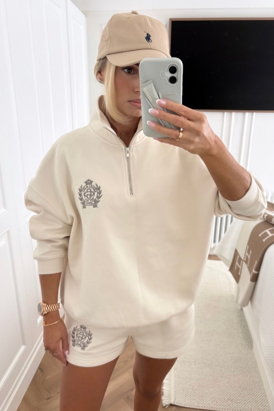 St Moritz ivory & taupe embroidered oversized 3/4 sweater shorts loungewear