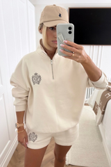 St Moritz ivory & taupe embroidered oversized 3/4 sweater shorts loungewear