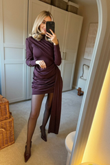 JANEL DARK CHERRY DRAPE HIGH NECK LONG SLEEVE DRESS