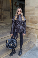 HARLOW CHOCOLATE LEATHER LAPEL COLLAR BELTED JACKET