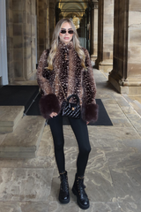 LAURA DEER PRINT HIGH NECK BUTTON UP FUR JACKET WITH BROWN CUFFS