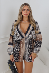 ROXY BLACK/BROWN MIX V NECK FLOATY PLAYSUIT