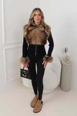 ARIANA BLACK KNITTED ZIP UP CARDIGAN WITH FUR COLLAR