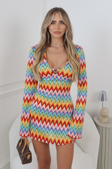 DINA MULTI ZIG ZAG CROCHET LONG SLEEVE MINI DRESS COVER UP