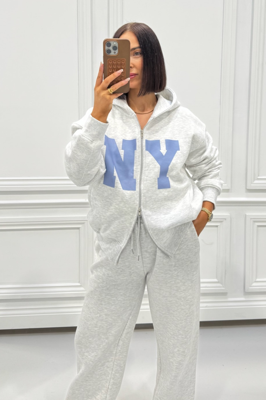 NY PRINTED MARL GREY  FULL ZIP JACKET