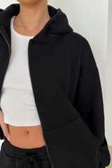 Black embroidered logo zip hoodie