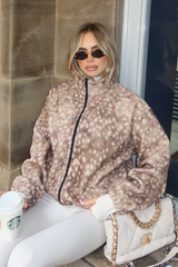 ALEXI BEIGE DEER PRINT FULL ZIP FLEECE JACKET