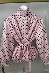 GABRIELLA PINK POLKA DOT BELTED PUFF SLEEVE HIGH NECK JACKET