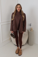 CHER PIN STRIPED CHOCOLATE HIGH NECK SHOULDER PADDED BLAZER