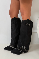 SERENE BLACK FAUX SUEDE STUDDED BOOTS