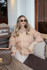 VERITY CAMEL BLACK FUR COLLAR HOODED PUFFER COAT