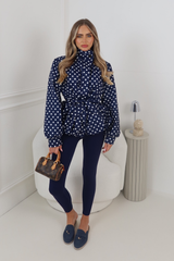 GABRIELLA NAVY POLKA DOT BELTED PUFF SLEEVE HIGH NECK JACKET