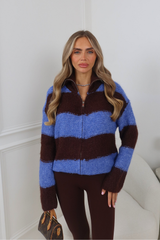 DEMI BLUE & BROWN STRIPE ZIP UP KNITTED CARDIGAN
