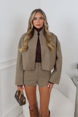 ARIA BEIGE CHECK ZIP UP CROPPED JACKET