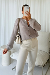 G Monogram grey embroidered knit button up cardigan