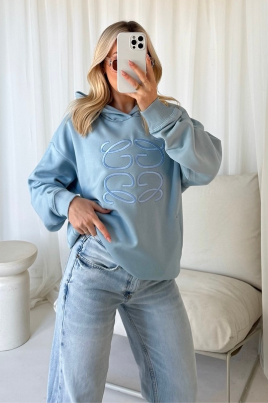GeGe baby blue embroidered oversized hoodie