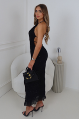 ALIX BLACK SHIRRED HALTER NECK SEQUIN MAXI DRESS
