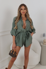 MABEL KHAKI CHEESECLOTH BELTED PLAYSUIT