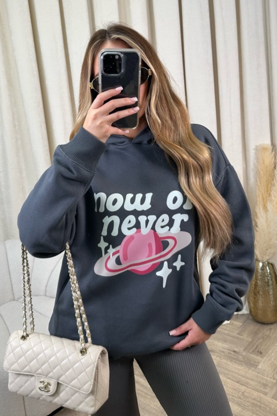 Now or never steel grey printed  relaxed hoodie