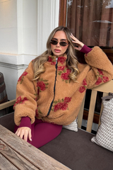 ALANA CAMEL ZIP UP FLEECE WITH BURGUNDY DETAILING