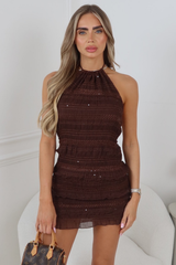 ABBIGAIL CHOCOLATE SHIRRED HALTER NECK SEQUIN MINI DRESS