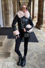 ZARIA BLACK FAUX LEATHER JACKET WITH FUR COLLAR AND CUFFS