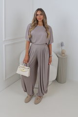 NINA MOCHA RIBBED TSHIRT & TROUSERS TWO PIECE SET