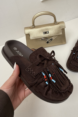ORLANDA CHOCOLATE FAUX SUEDE BEADED TASSLE MULE