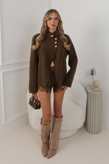LILA KHAKI HIGH NECK CARDIGAN WITH GOLD BUTTONS