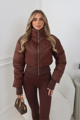 GRACE CHOCOLATE FITTED ZIP UP CROPPED PUFFER JACKET