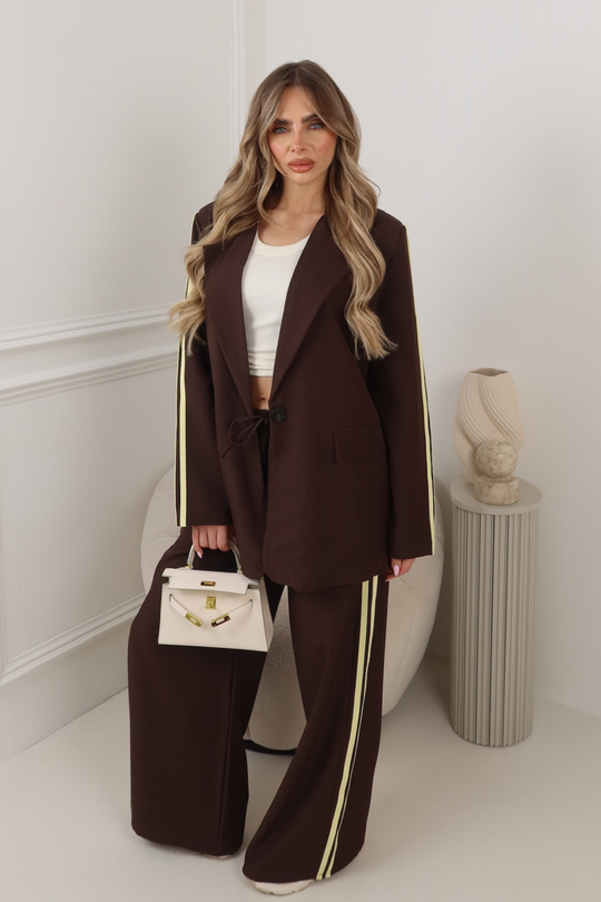 GEORGIA CHOCOLATE PIPED SLEEVE BLAZER AND STRAIGHT LEG PANTS SET
