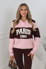PARIS PINK AND BROWN STRIPE KNITTED POLO JUMPER