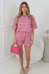 APRIL PINK STRIPE OVERSIZED TSHIRT & SHORTS STRETCH TWO PIECE SET