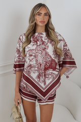 CODI BURGUNDY JUNGLE PRINT SATIN CAPE TOP AND SHORTS TWO PIECE SET
