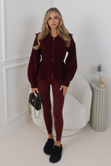 LUMI BURGUNDY KNITTED ZIP UP PEPLUM CARDIGAN