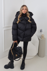 CARMILLA BLACK HIGH COLLAR SHINE FINISH HOODED PUFFER COAT