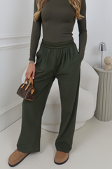 AMI KHAKI BANDED WAIST WIDE LEG TROUSER