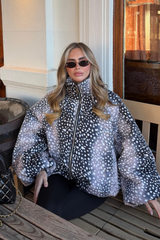 VIENNA BLACK DEER PRINT BALLOON SLEEVE PUFFER JACKET