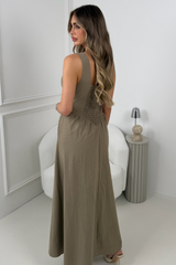 LEONIE TAUPE LINEN LOOK SQUARE NECK MAXI DRESS