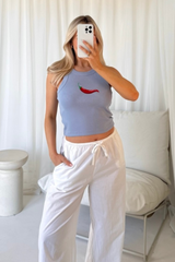 Chilli blue embroidered ribbed vest