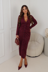 SIMONA BURGUNDY LONG FAUX SUEDE DRESSS