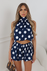 GRACIE NAVY POLKA DOT PUFFBALL TOP & SKORT CO ORD TWO PIECE SET