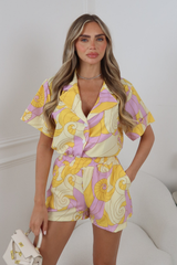 MONROE YELLOW SATIN SWIRL PRINT SHIRT & SHORTS CO ORD TWO PIECE SET