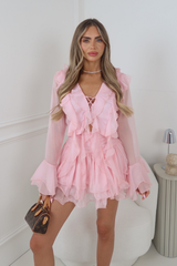 CAITLYN PINK FRILL SHIRT & SKORT CO ORD